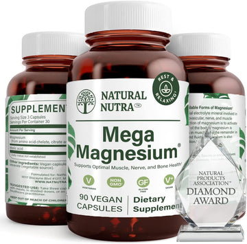 Natural Nutra Mega Magnesium 400mg Supplement - High Absorption Amino Acid Chelate, Better Vibes, Citrate, Malate Blend for Muscle Growth, Bone Strength, Heart Health, Nerve Support - 90 Capsules
