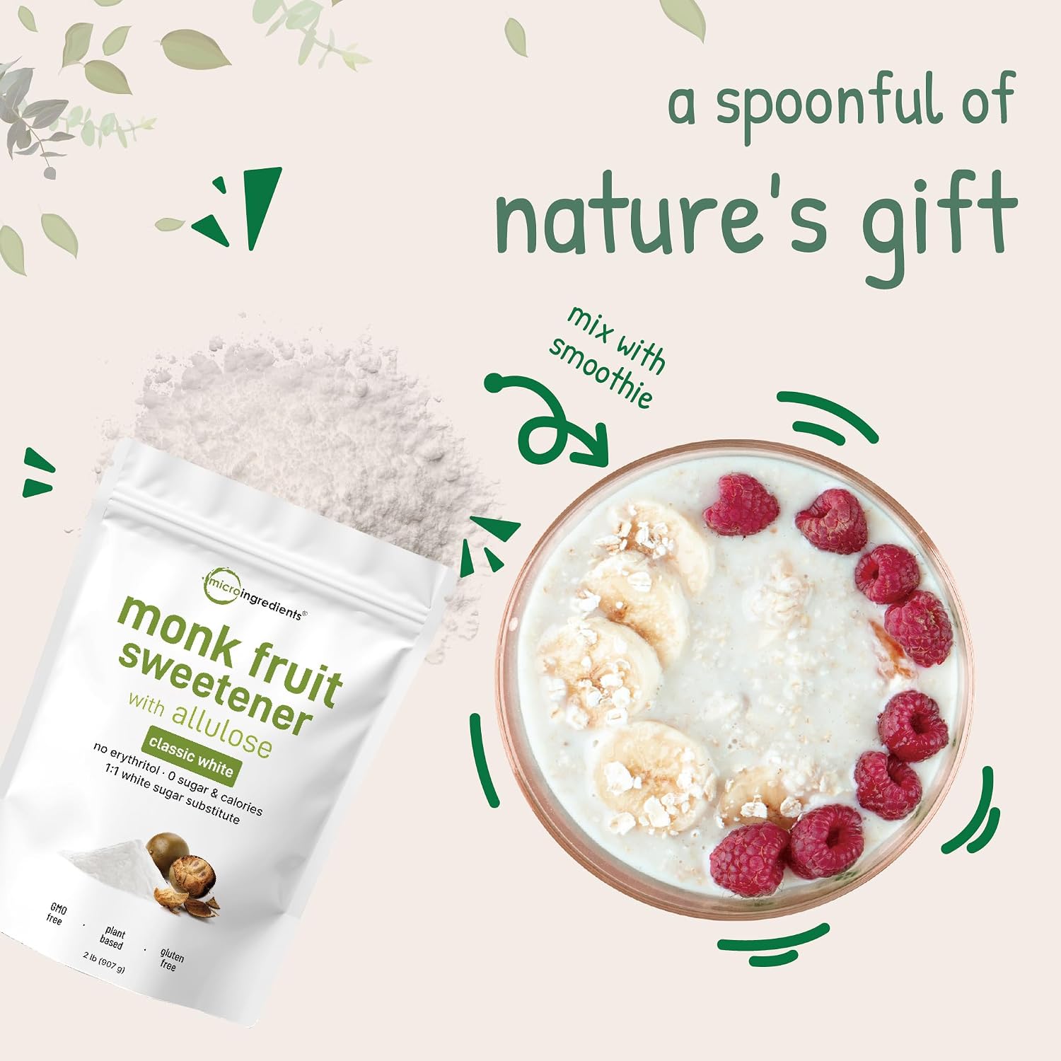 Monk Fruit Sweetener with Allulose, 2 lbs | No Erythritol | No Aftertaste, 1:1 White Sugar Substitute, Keto & Vegan Friendly, Zero Calorie | Great for Drinks, Coffee, Tea, Cookies | Non-GMO