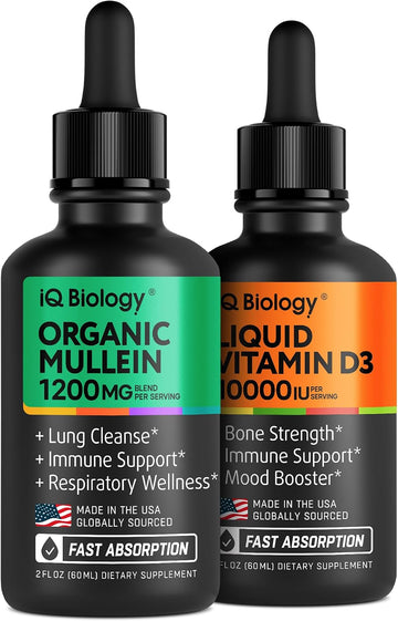 IQ BIOLOGY Organic Mullein + Liquid Vitamin D3 – Dual-Benefit Fast-Absorbing Drops | Clear Lungs, Strong Bones, Year-Round Immune & Mood Support | 2 × 2 fl oz