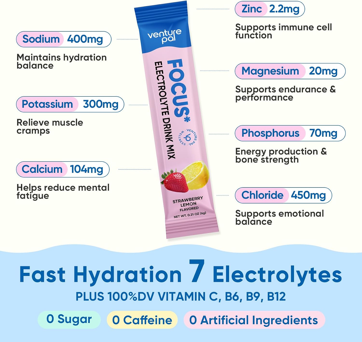 Venture Pal 2-in-1 Focus Support Electrolytes Powder + High Sodium Sugar-Free Electrolyte Powder Packets Bundle, Hydration Packets with Vitamins, Lion's Mane, Ashwagandha, Sodium, Potassium & Magnesiu