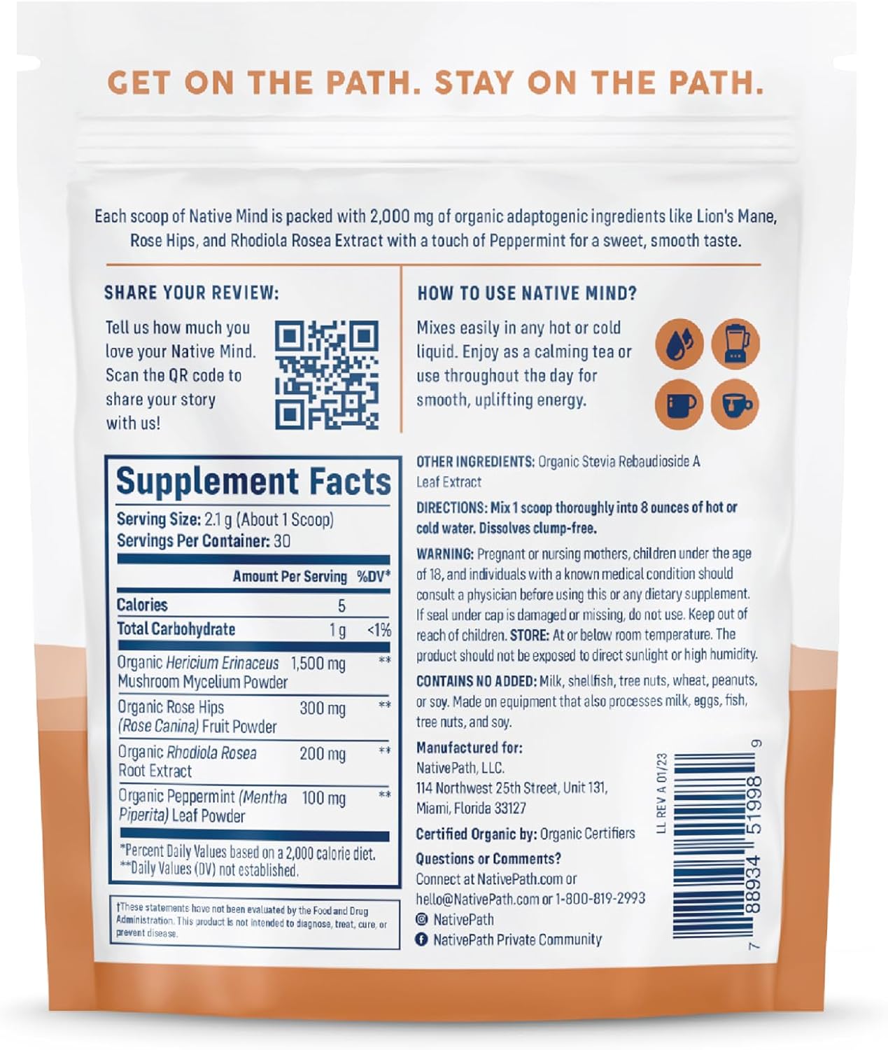 NativePath Native Mind Organic Adaptogen Herbal Support Blend - Organic Mushroom Drink Powder with Lion's Mane, Rhodiola & Rose Hips - 30 Servings | Rhodiola & Rose Hips In Peppermint, Supports Focus, Calm & Immune Health, Caffeine-Free, Organic, Keto