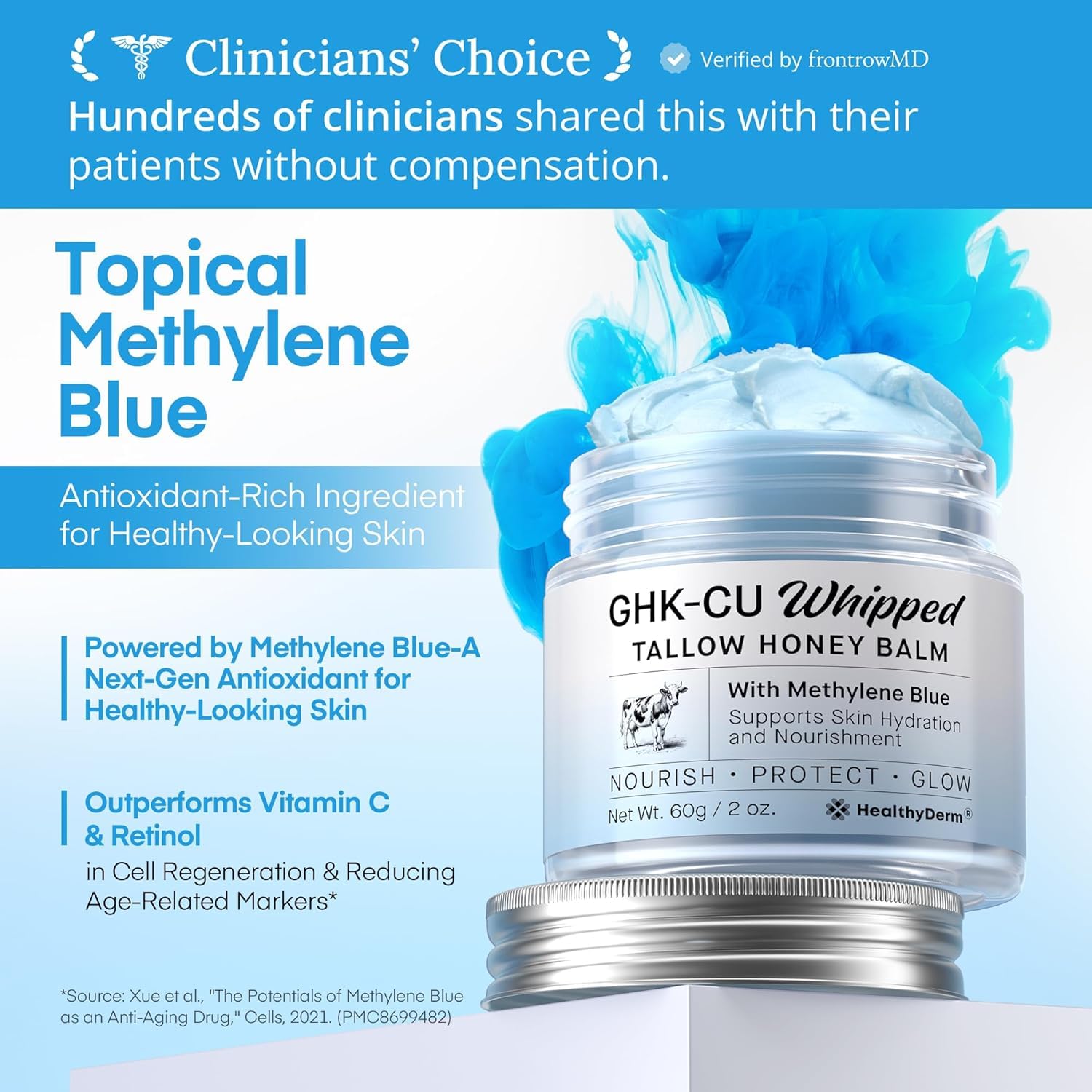HealthyDerm Copper Peptides GHK-Cu Beef Tallow for Skin: Blue Balm with Methylene Blue, Manuka Honey & Vitamin E – Natural Face and Body Moisturizer for Mature, Dry & Sensitive Skin – 2oz