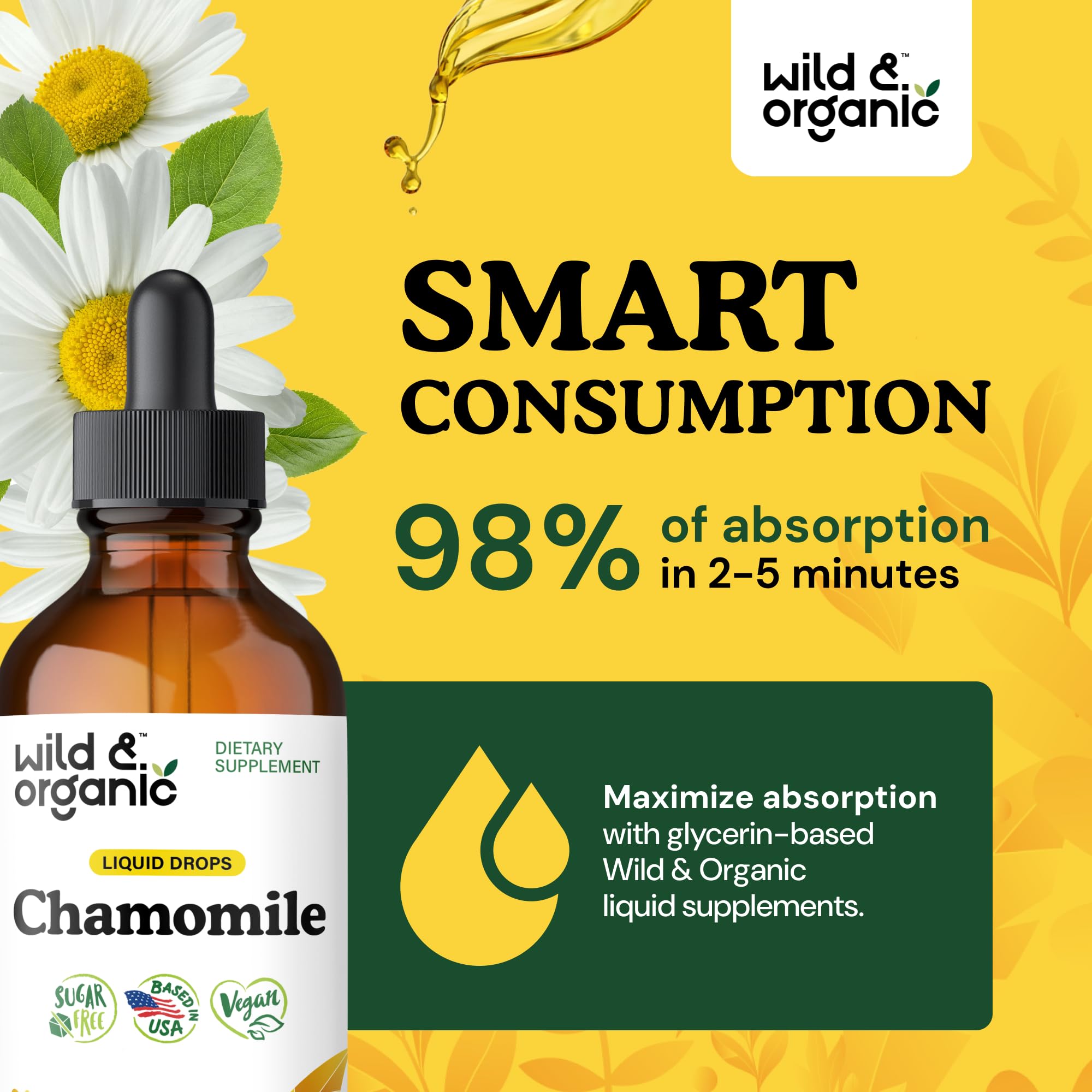 Wild & Organic Chamomile Flowers Drops - Add to Tea for Relaxation Support - 500 mg Chamomile Extract Liquid Drops - Calming Herbal Supplement - 56-Day Supply - Vegan, Sugar & Alcohol-Free - 4 fl oz