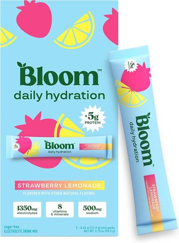 Bloom Nutrition Hydration Electrolyte Sticks, Strawberry Lemonade, 5 Count | Electrolytes with Collagen, 5g Protein, Vitamins & Minerals, Sugar Free Drink Mix