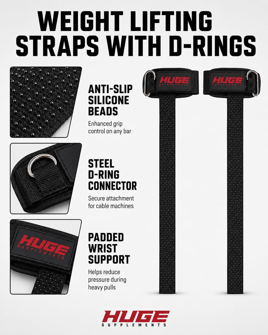 Huge Weight Lifting Straps With D Rings, Heavy Duty Cotton, Reinforced Stitching, Silicone Grip, Padded Wrist Support, Built For Heavy Training, Superior Grip Control, For Weightlifting & Bodybuilding