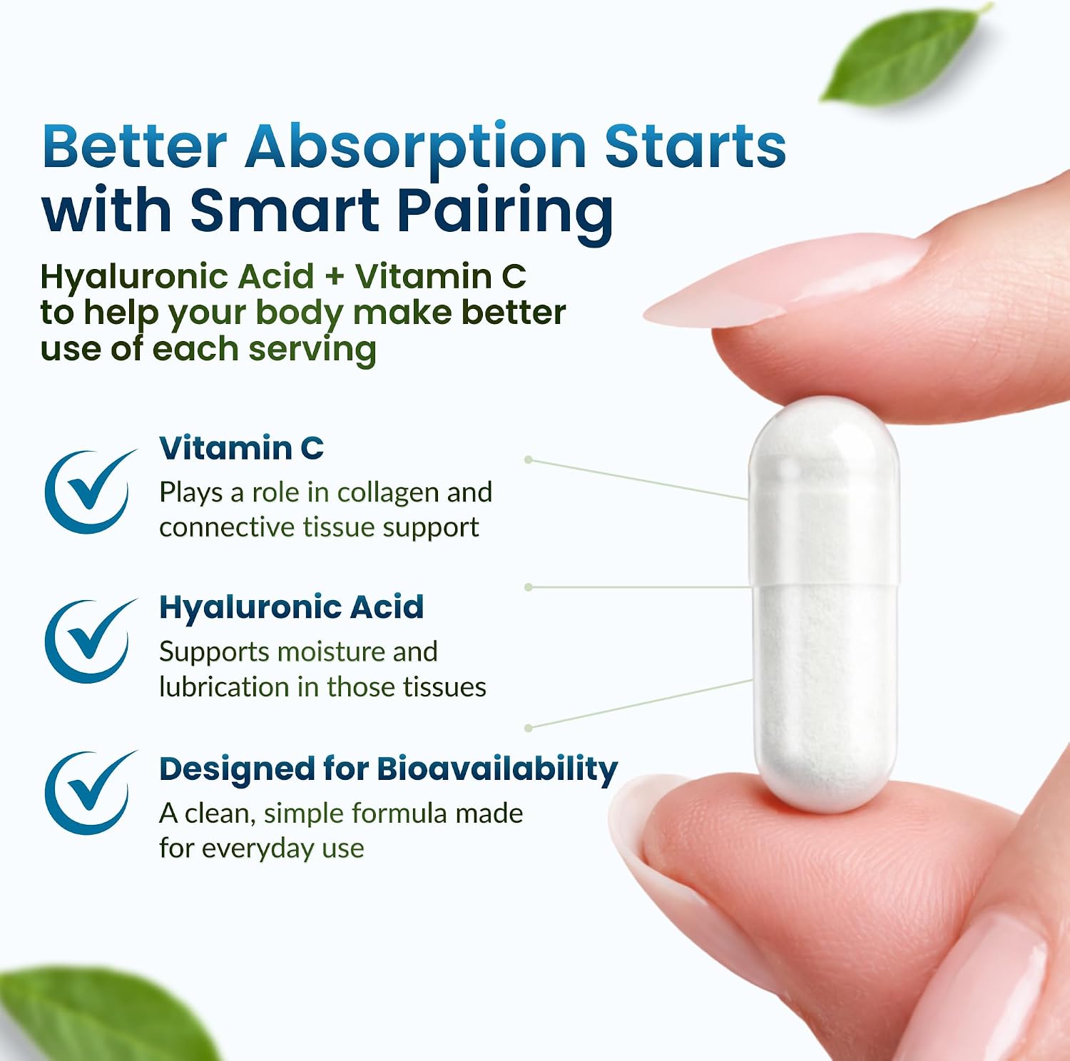 ForestLeaf Hyaluronic Acid Supplements | 100mg High Bioavailable Dietary Hyaluronic Acid Powder Capsules + 50mg VIT C | Supports Skin Hydration, Joint Lubrication, Anti-Aging, Hair & Nails | 120 Caps