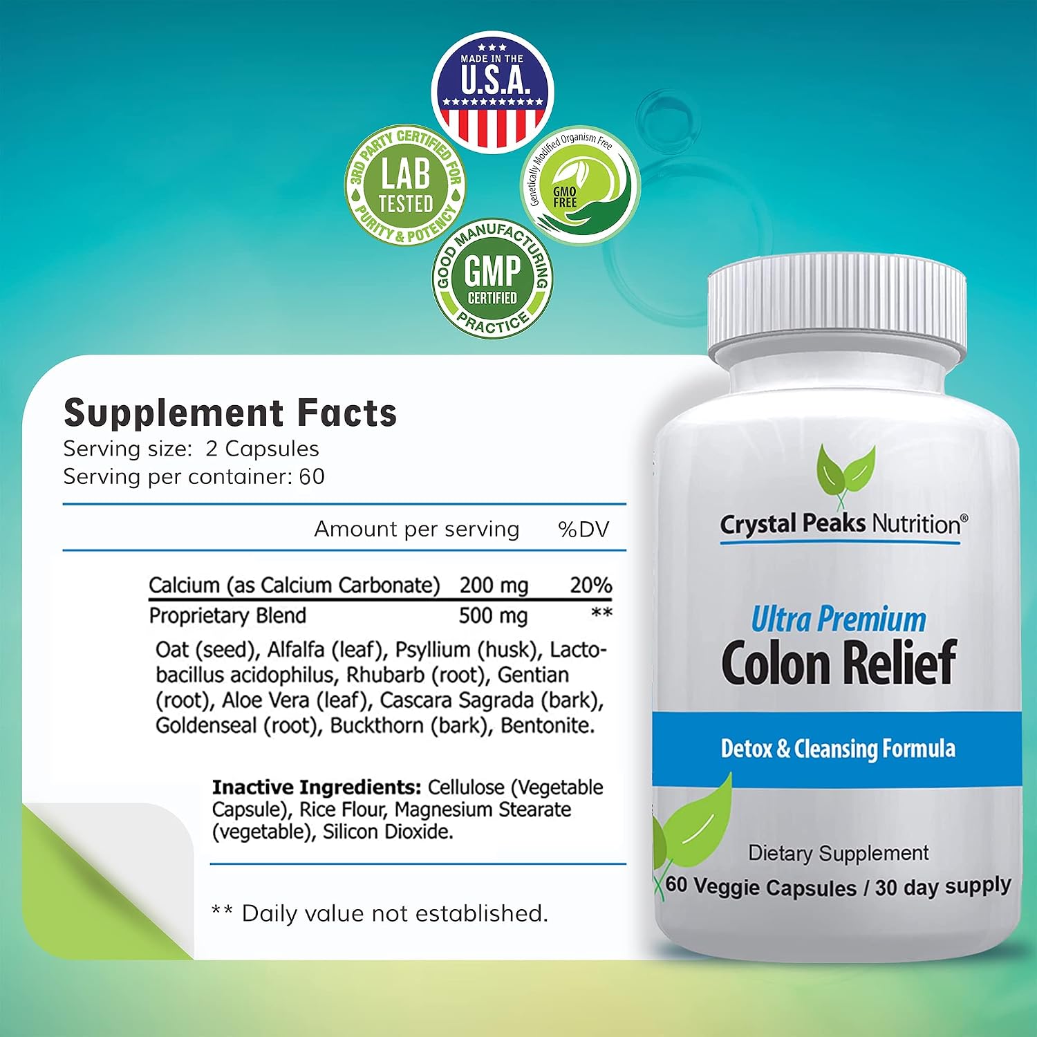 Natural Colon Cleanser Capsules for Constipation Relief and Gut Cleanse Detox - Cascara Sagrada, Psyllium Husk & Bentonite (60 Capsules)