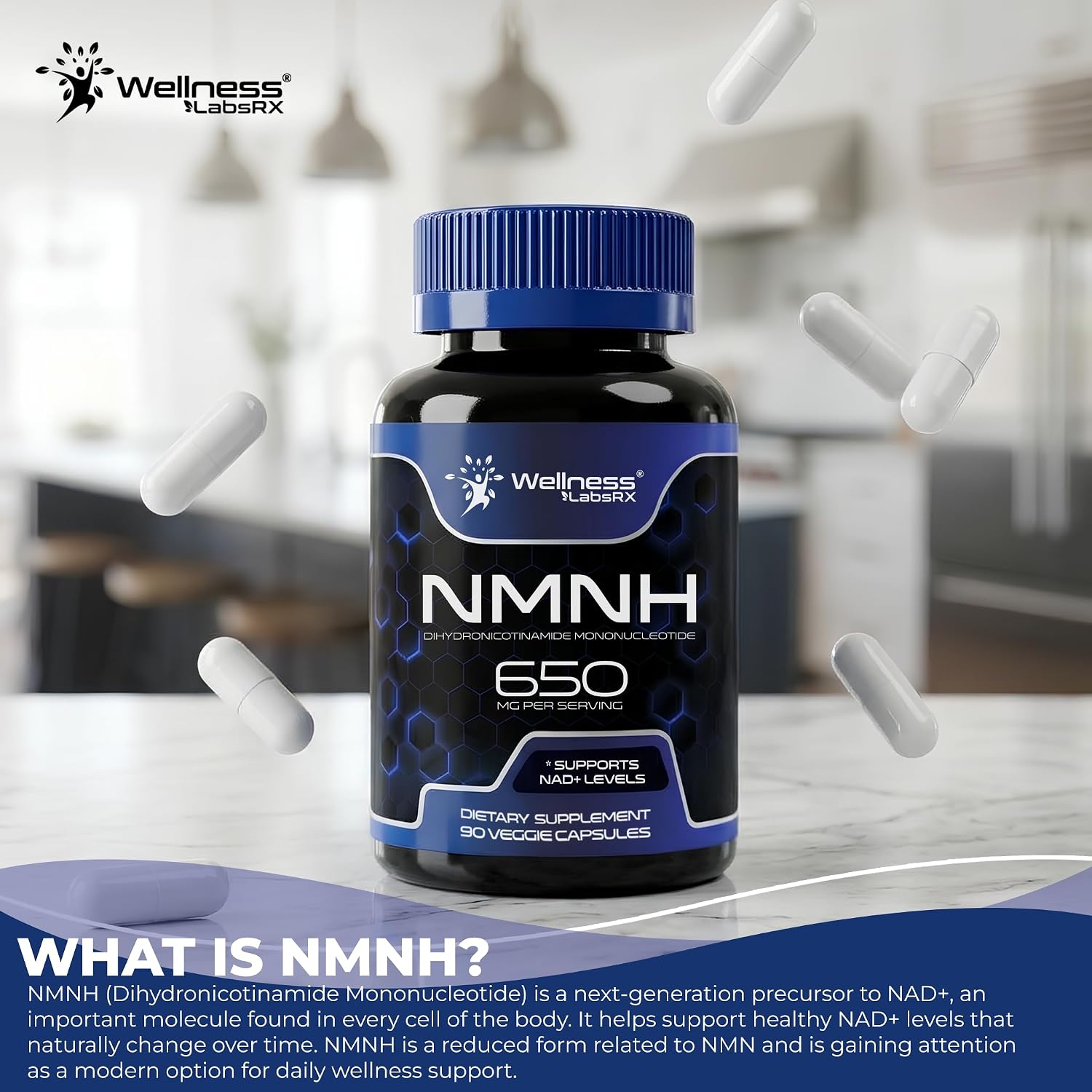 NMNH Supplements - Di-Hydro Nicotinamide Mononucleotide NMNH Capsules, Fast Absorption Ultra Strength NMN Supplement, NAD+ for Cellular Energy & Anti Aging, 650mg - Non-GMO, Gluten Free - 90 Capsules