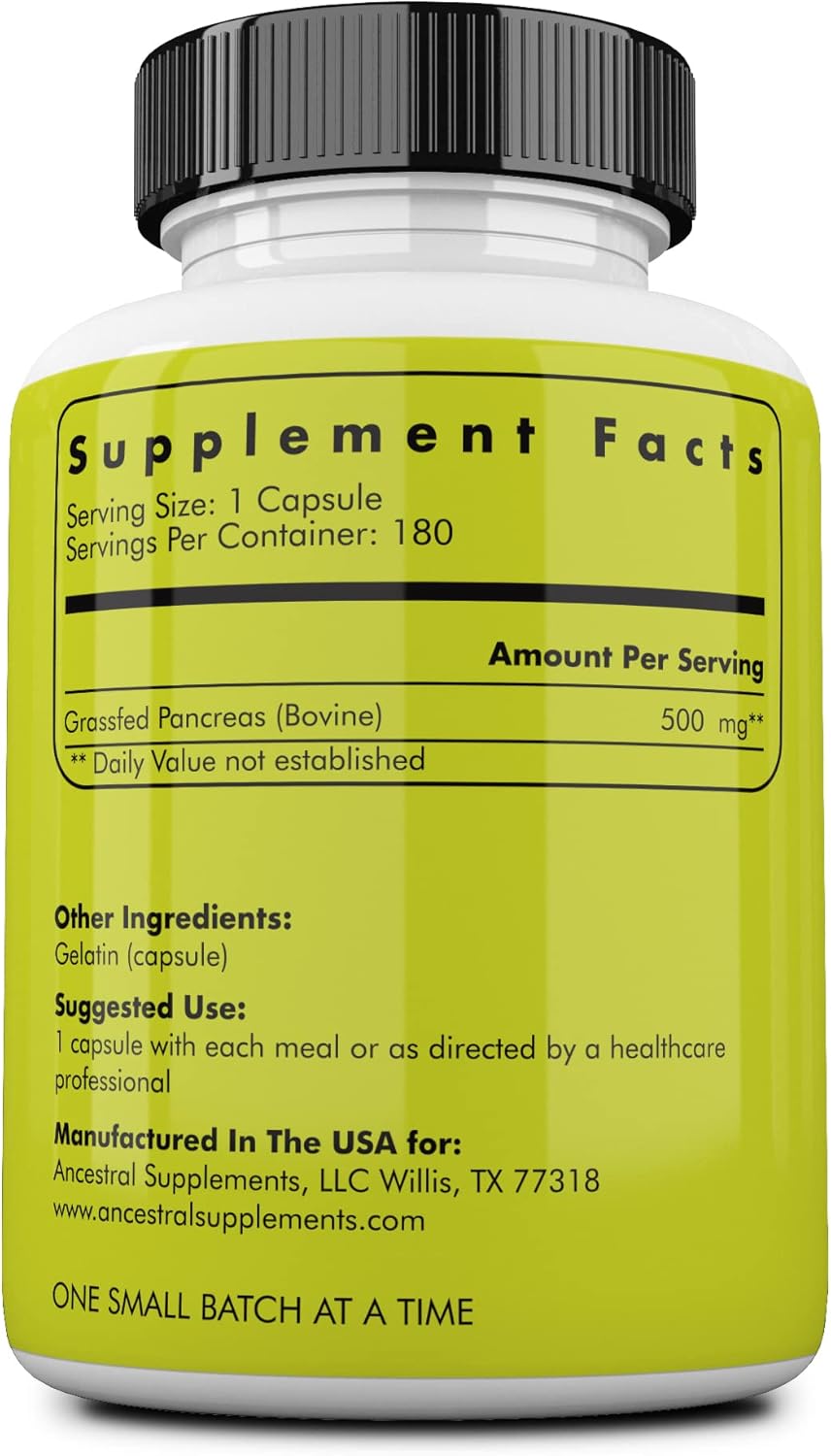 Ancestral Supplements Grass Fed Beef Pancreas Supplement, 500mg, 180 Ct | Pancreas support formula with proteolytic digestive enzymes, including trypsin, promotes healthy digestion.