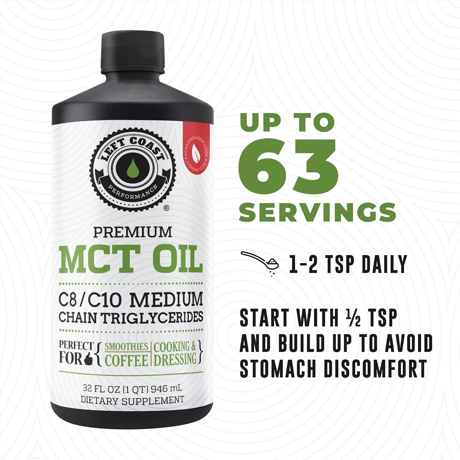 100% Coconut MCT Oil Liquid - MCT Oil C8 C10 for Sustained Mental Energy & Focus Support Great for Smoothies Salads Coffee & More - Palm Free Vegan Keto & Paleo Friendly 60+ Servings (32 Fl Oz)