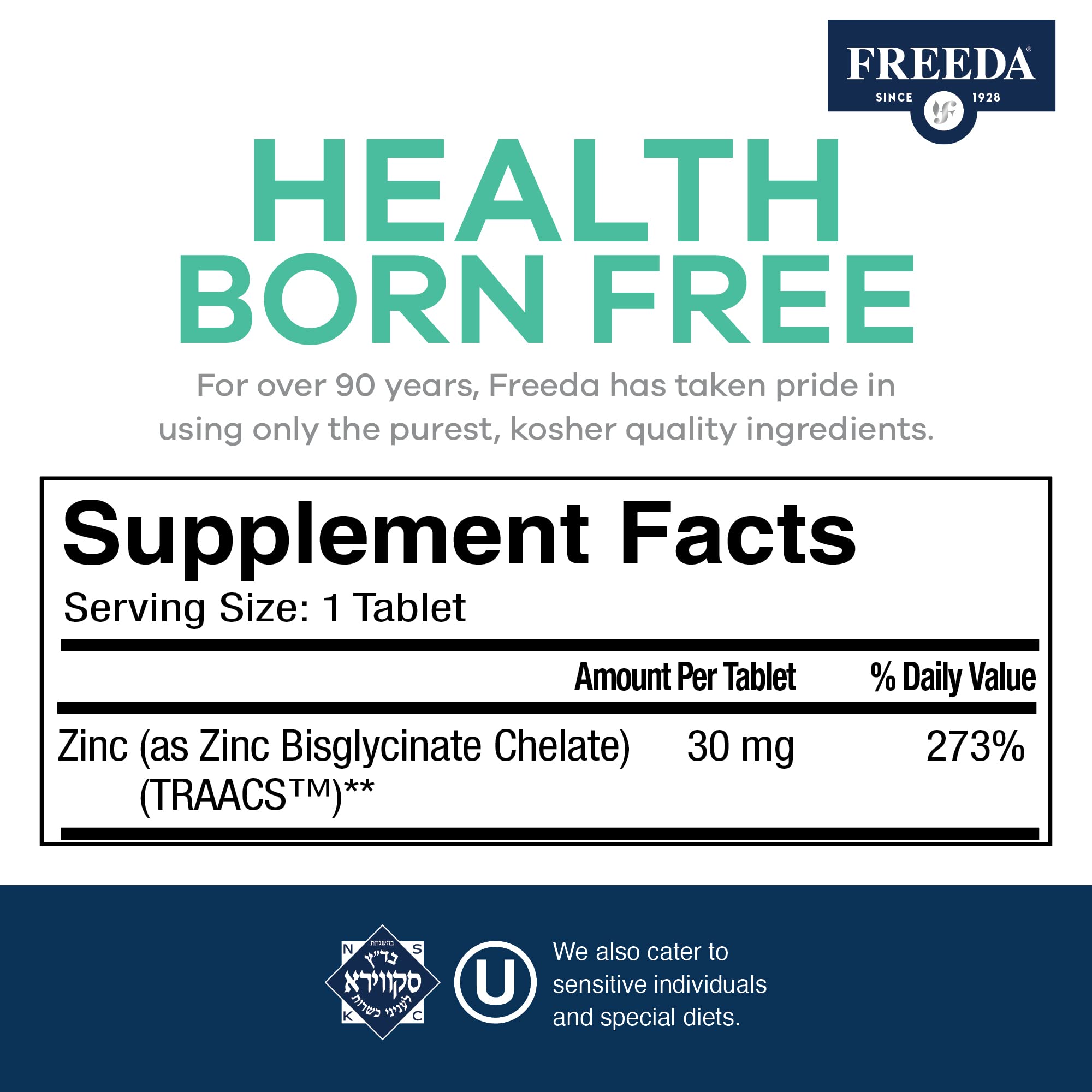 Freeda Chelated Zinc 30mg – TRAACS® Zinc Bisglycinate for High Absorption – Vegan, Kosher, Gentle on Stomach – Immune Support for Adults, Men & Women – 100 Tiny Tablets | For Adult Men & Women – High Absorption Formula – Antioxidant Support, Gentle on Sto