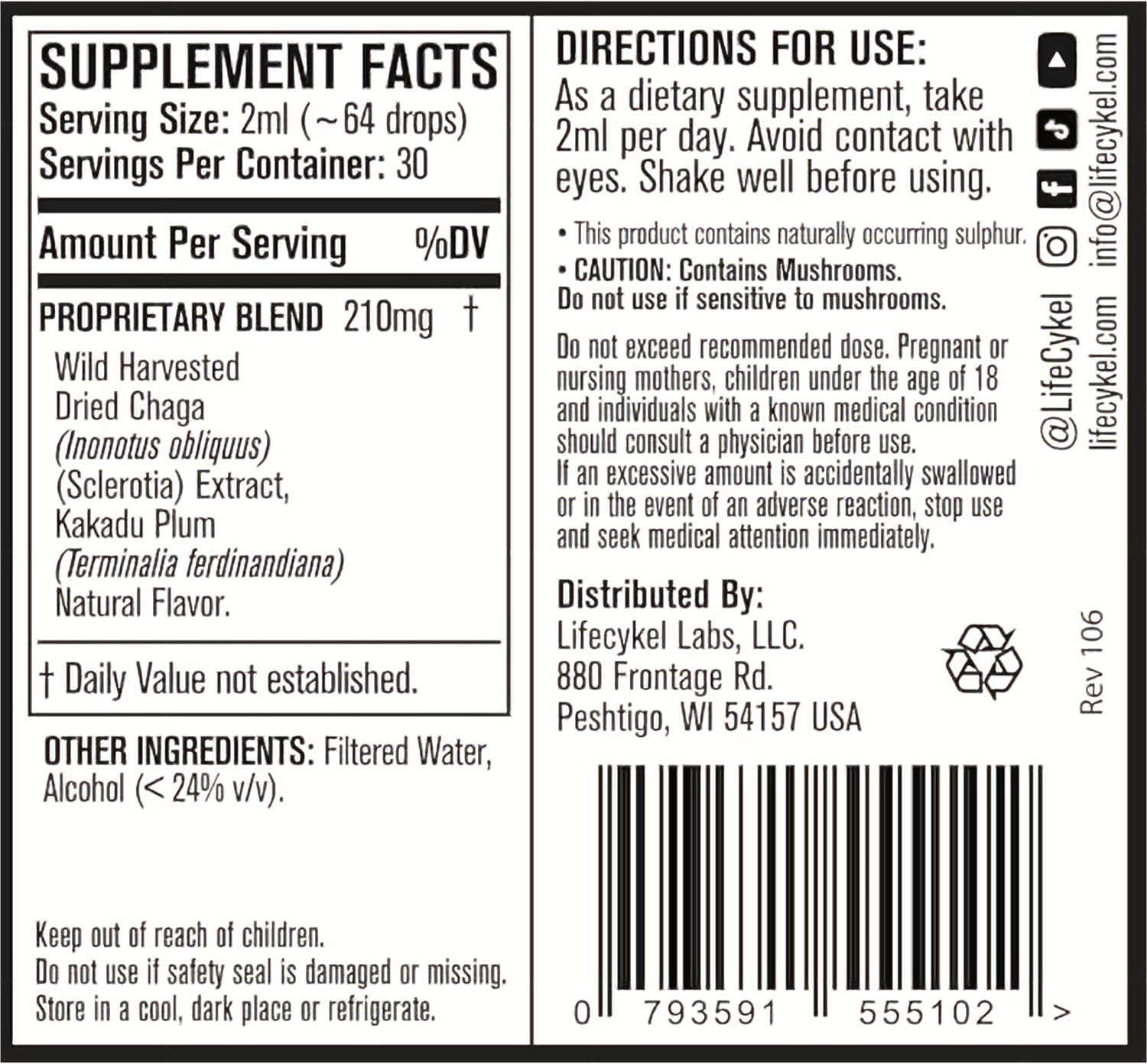 Life Cykel - Chaga Mushroom Extract with Kakadu Plum - Double Extracted Mushroom Tincture - Non-GMO Immune Support Supplement for Adults and Kids - 1 Fl Oz