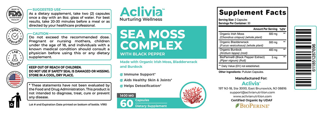 Aclivia - Organic Irish Sea Moss Capsules with Bladderwrack & Burdock Root - 102 Minerals Sea Moss Supplement - Thyroid Support, Immune Boost - Non-GMO (60 Count) AcliviaBuy Supplements Australia