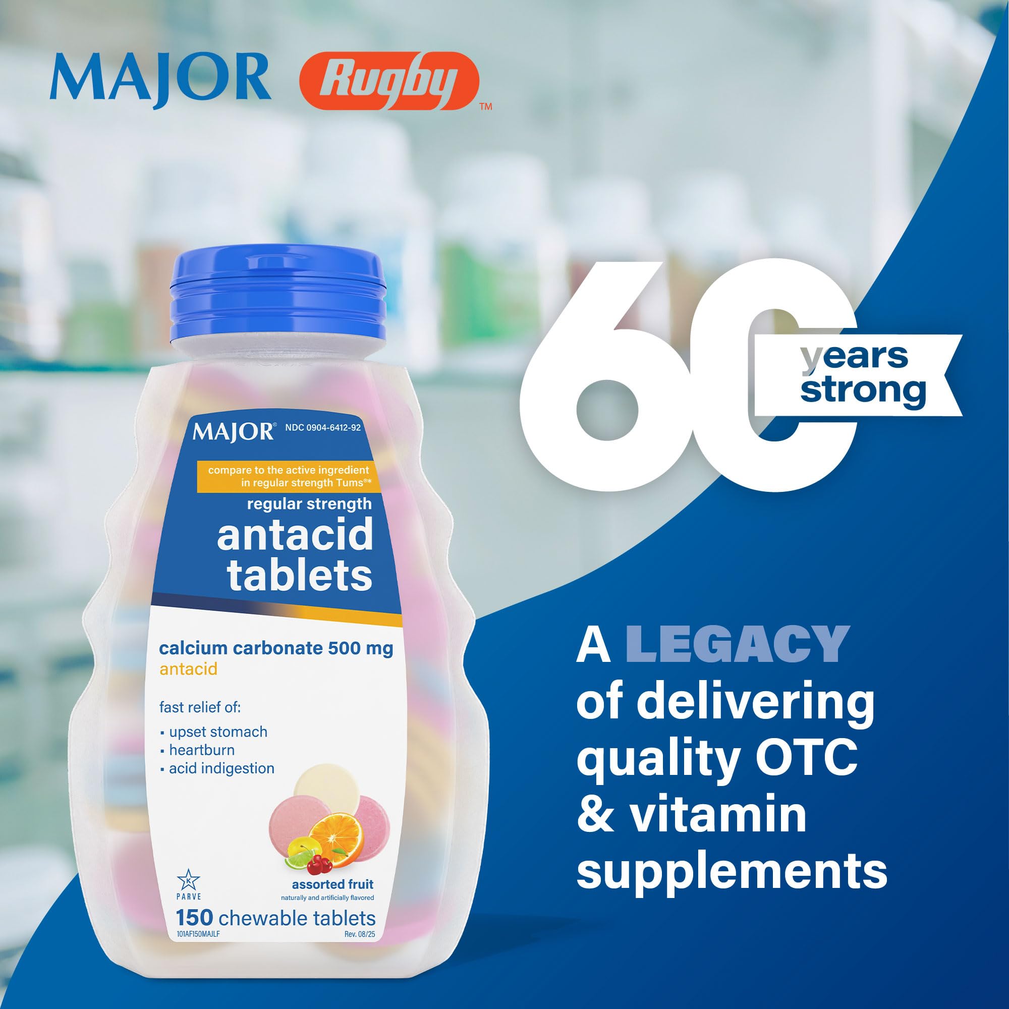 MAJOR Regular Strength Antacid Tablets - Calcium Carbonate 500 mg - Assorted Fruit Flavor - 150 Chewable Count (2 Pack) MAJOR buy supplements Au