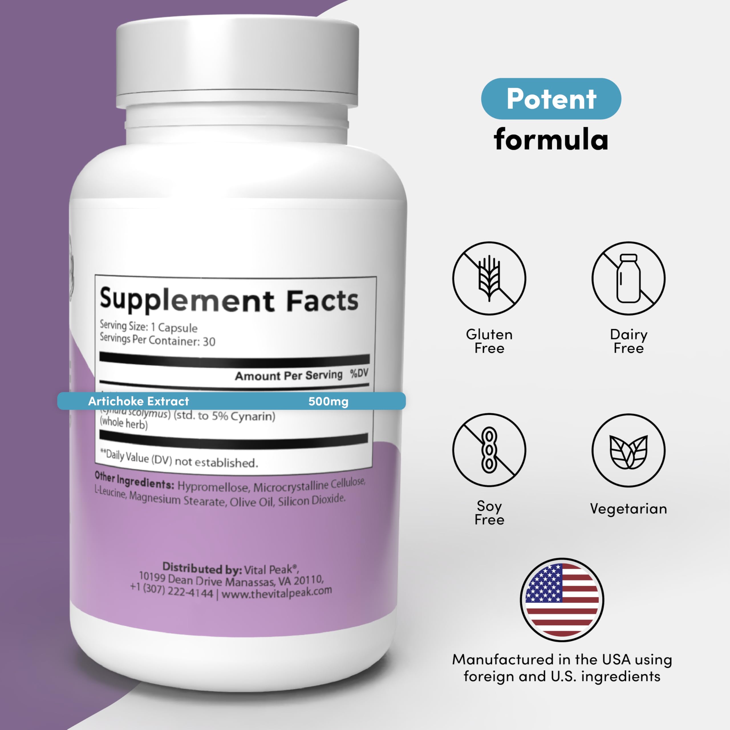 Artichoke 500 mg Supplement - Potent Artichoke Extract Capsules for Liver Health & Digestive Support - Artichoke Leaf Extract Promotes Energy & Focus - 30 Capsules