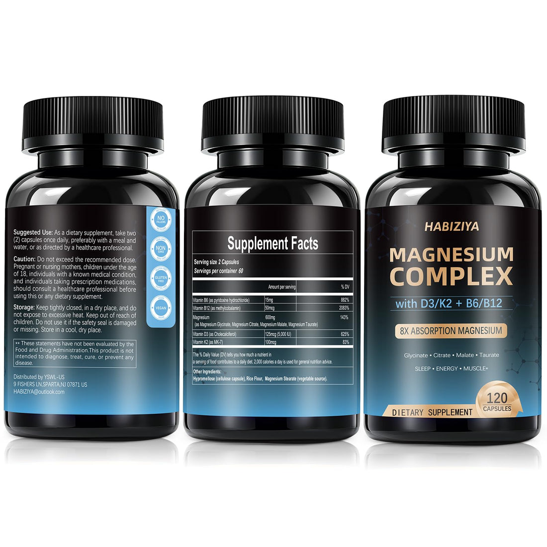 Bottle of Habiziya Magnesium Complex supplement with health benefits displayed.