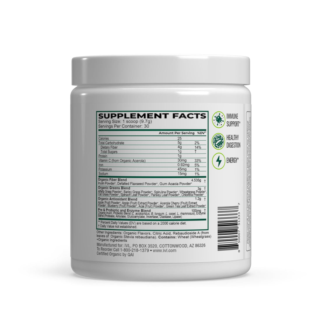 IVL Organic Greens superfood drink container on a white background