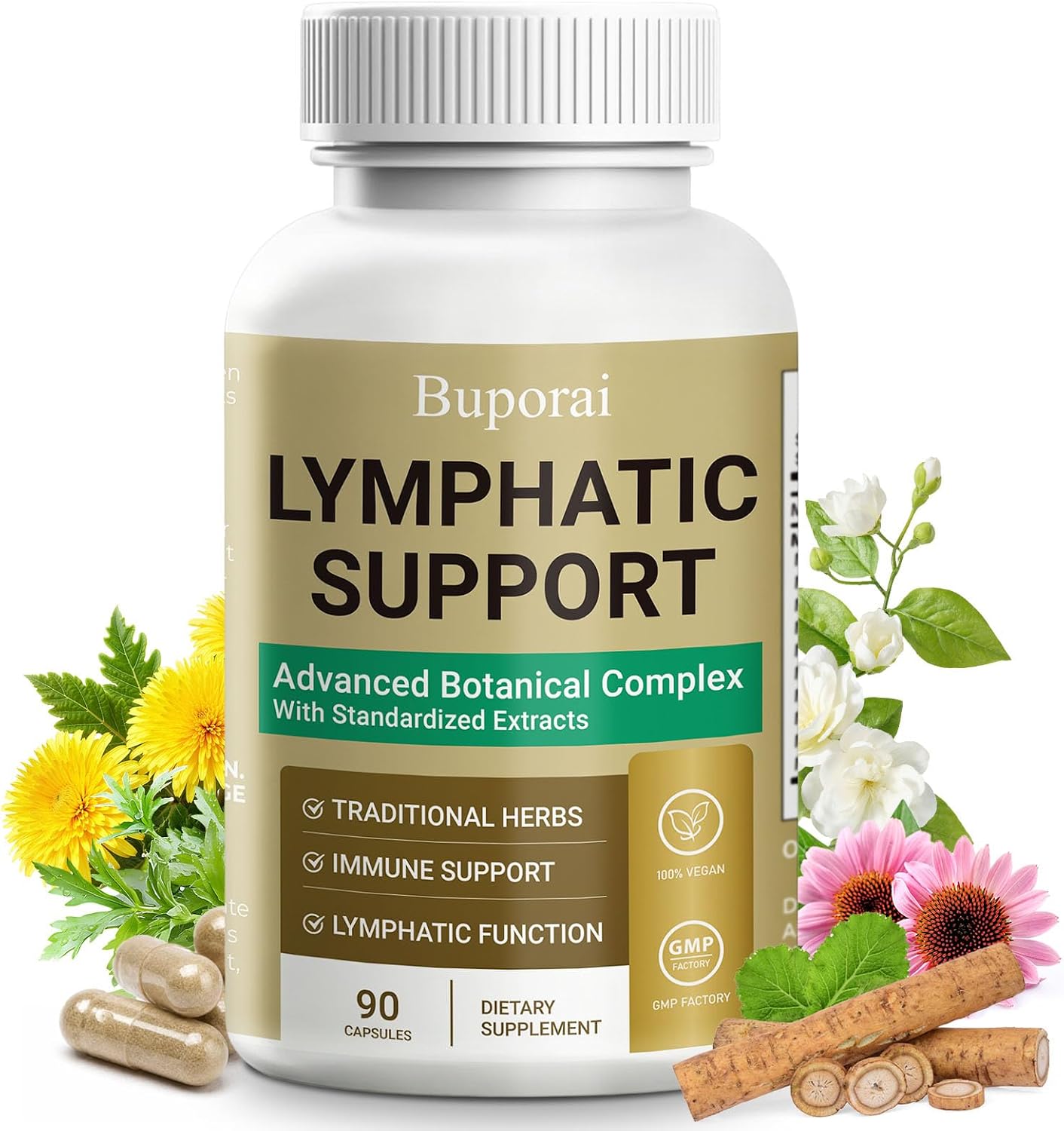Lymphatic Support Capsules,Lymph Drainage Support Women & Men | With Echinacea, Dandelion, Burdock, Cleavers, Immune Support, Cleanse & Detox, 90 ct