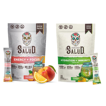 Salud 2-Pack |2-in-1 Energy + Focus (Peach Lemonade) & Hydration + Immunity (Cucumber Lime) – 15 Servings Each, Agua Fresca Drink Mix, Non-GMO, Gluten Free, Vegan, Low Calorie, 1g of Sugar