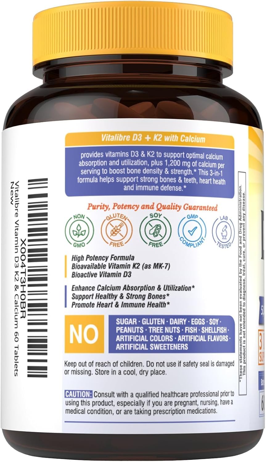 Vitalibre Vitamin D3 K2 + Calcium Supplements for Women & Men, 60 Tablets | Calcium 1200 mg with Vitamin D3 K2 5000 iu, High Absorption for Strong Bones, Teeth, Heart, Immune Health