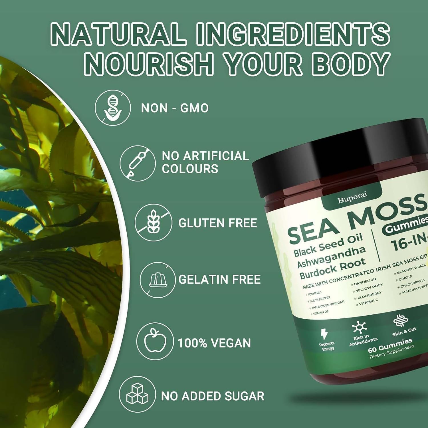 Sea Moss Gummies 16-1, Black Seed Oil Ashwagandha Turmeric Bladder Wrack Vitamin C Vitamin D3 Elderberry Manuka Dandelion Yellow Dock Apple Cider Vinegar for Men & Women