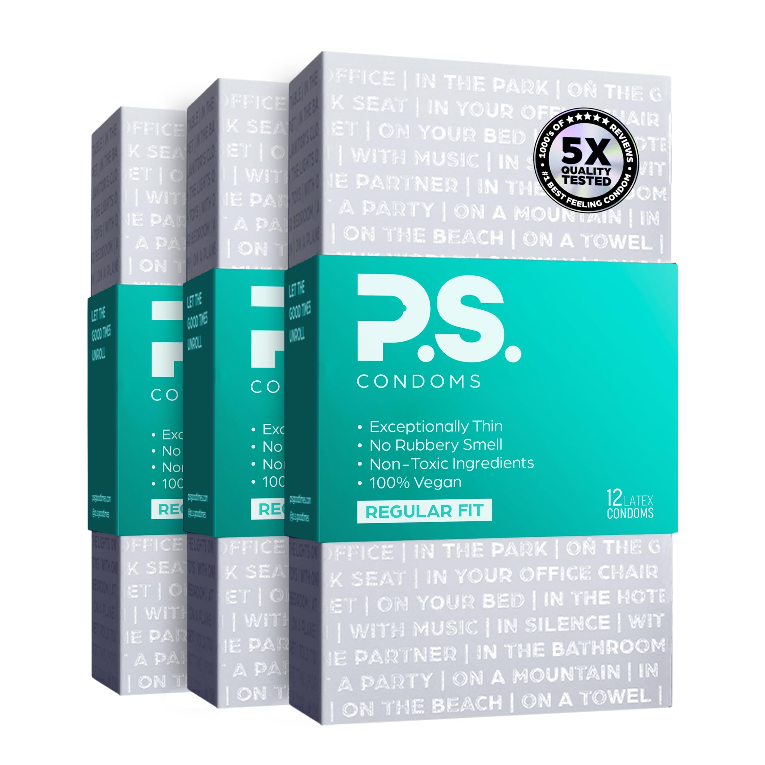 PS Condoms Exceptionally Thin Latex Condoms, Clean & Odorless, 12 Pack | Individually tested, 0.045 mm natural rubber, 40% thinner, lubricated, vegan, and free of PFAS, gluten, glycerin and parabens