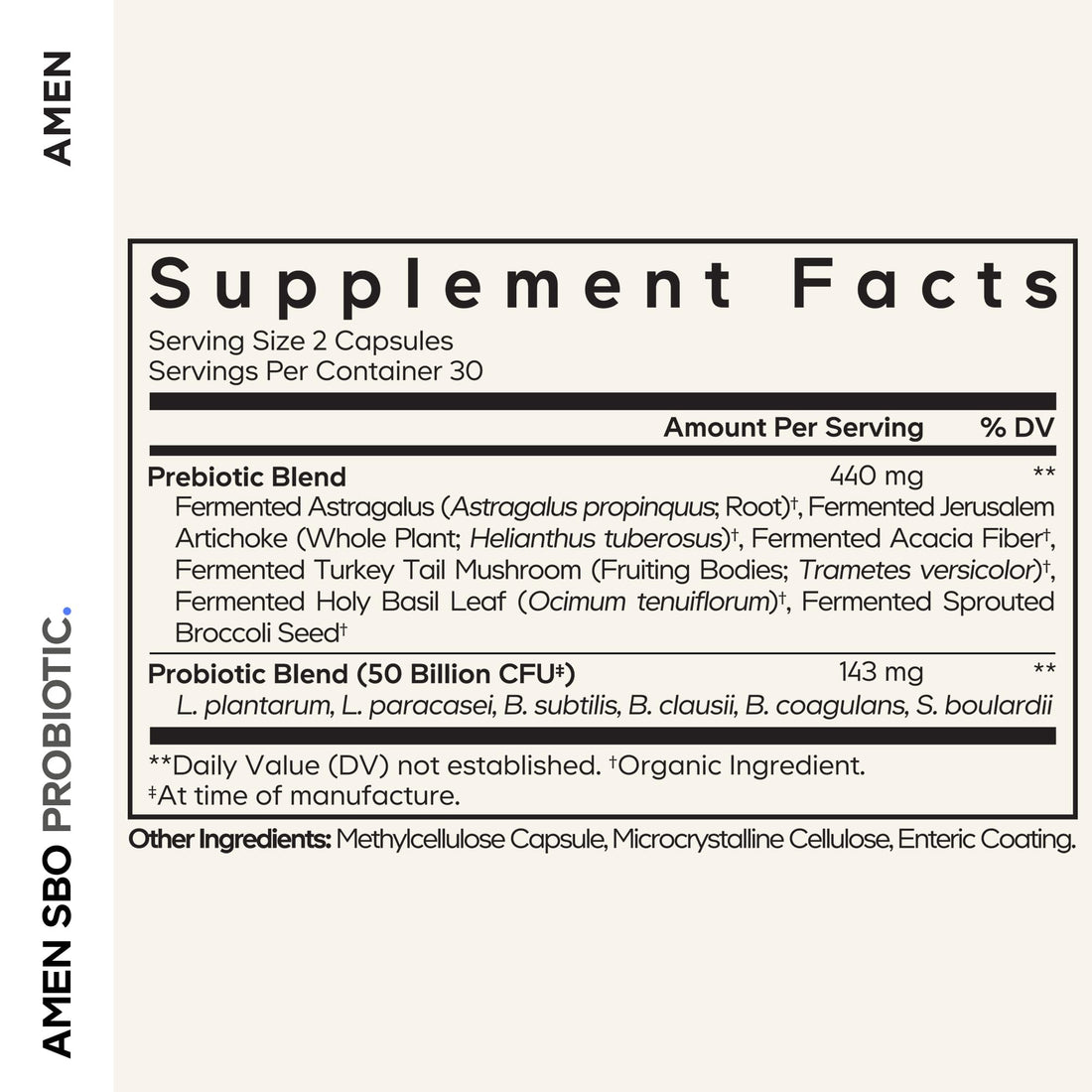 Amen Probiotics Supplement, SBO Probiotic and Organic Prebiotics, 50 Billion CFUs, Shelf Stable, No Refrigeration Required, Flora Daily Probiotic Formula for Women & Men