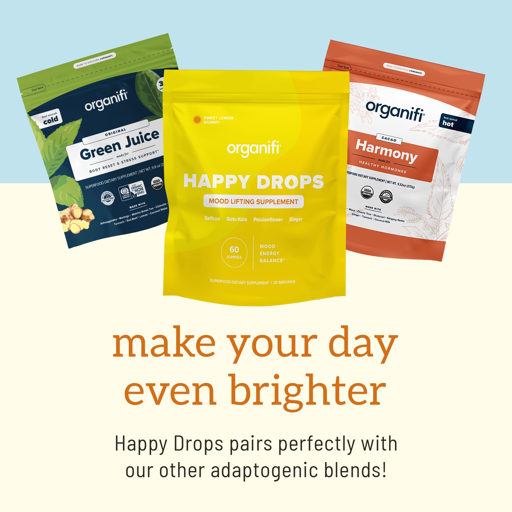 Organifi Happy Drops - Daily Superfood Happy Gummies for Adults - Mood Support Supplement for Balance, Bliss, Energy and Taking the Edge Off - Sweet Lemon Flavor - 60 Gummies