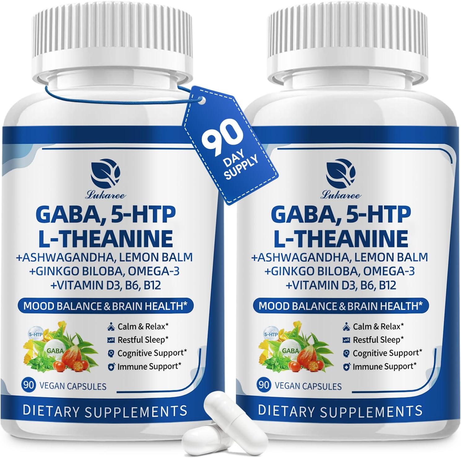 GABA Supplements 750mg with L-Theanine & Ashwagandha for Calm & Sleep 2Pack | 10 in 1 Calm Capsules with 5HTP, Lemon Balm, Ginkgo Biloba, Omega-3 for Relaxation, Focus, Mood Support, Cortisol Balance