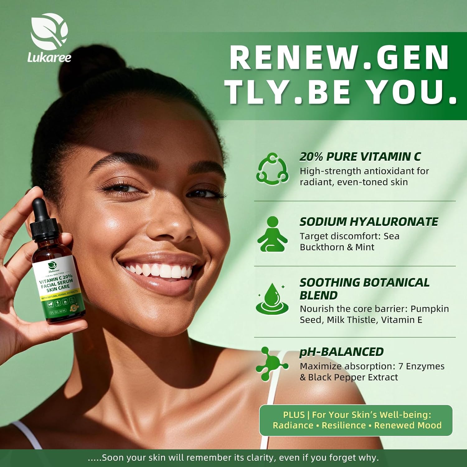 Lukaree Vitamin C Serum for Face, Dark Spots, Fine Lines & Support Collagen | Vitamin C Serum 20% Brightening Face Serum with Sodium Hyaluronate - All Skin Types, Plus Vit C Caps, 1 Fl Oz + 60 Caps