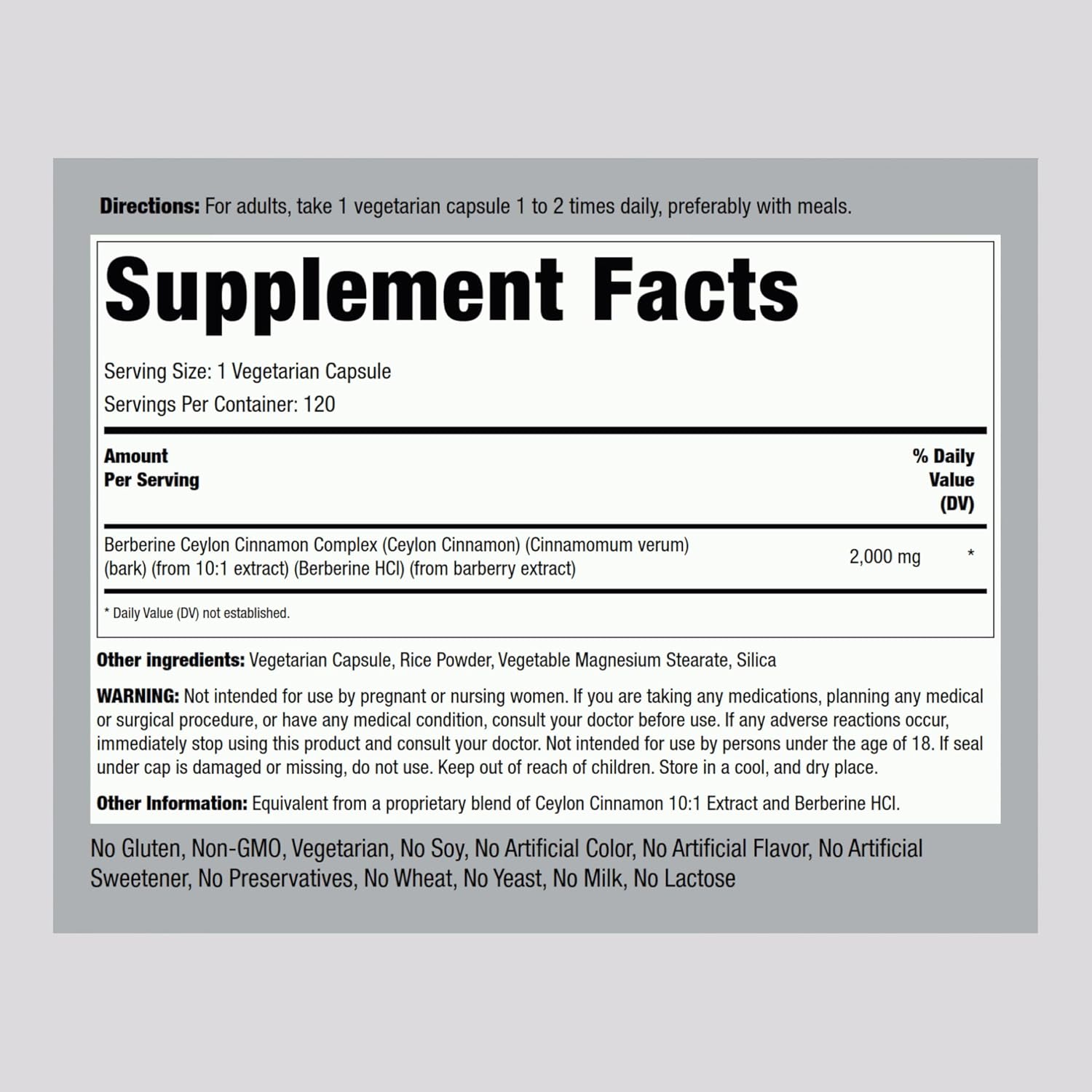 Piping Rock Berberine HCI Ceylon Cinnamon Complex | 120 Capsules | Herbal Extract Supplement | Vegetarian, Non-GMO & Gluten Free Formula