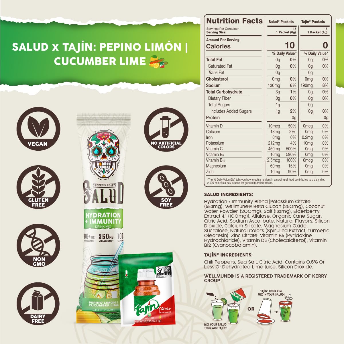 Salud 2-in-1 Hydration + Immunity Drink Mix, Cucumber Lime | Electrolytes Powder, Agua Fresca, Elderberry, Dairy & Soy Free, Non-GMO, Gluten Free, Vegan, 1g Sugar (15 Servings)