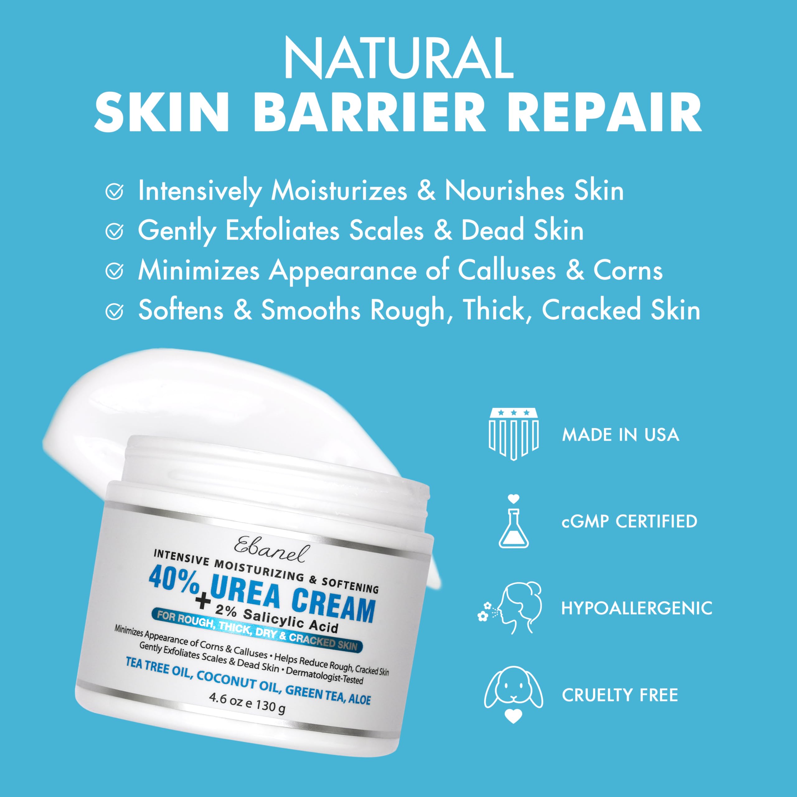 Ebanel Urea Cream 40% plus Salicylic Acid 2%, Foot Cream for Dry Cracked Heels Feet Knees Elbows Hands, Foot Dead Skin Cuticle Callus Remover Toenail Softener, Keratolytic Skin Barrier Repair, 3-Pack