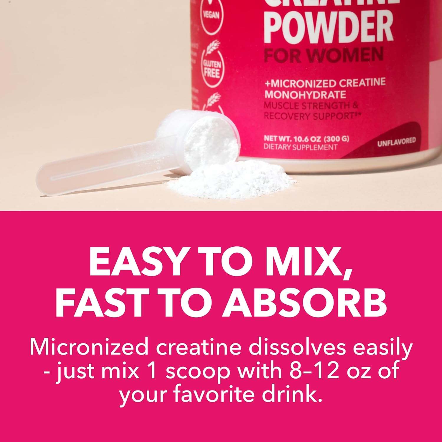 Creatine for Women, Unflavored, 300gm, 3g, Energy & Lean Muscle Support | Micronized Creatine Monohydrate Per Serving, Mental Clarity Support, Post Workout Recovery, Non-GMO, 100 Servings, Vegan