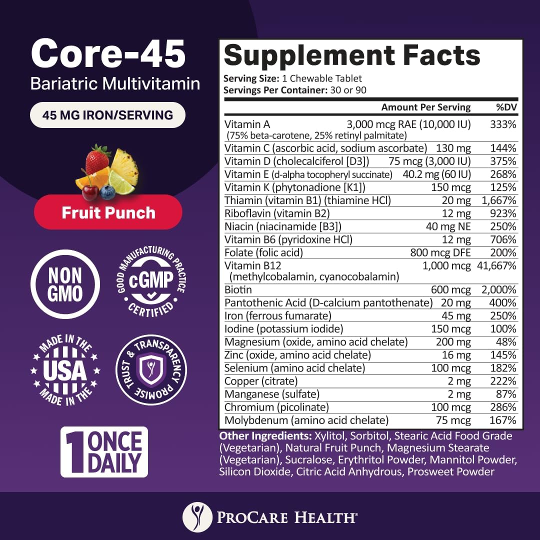 Core-45 Bariatric Multivitamin | Fruit Punch | Chewable | 90ct | Once Daily Bariatric Multivitamin with Iron 45mg Chewable Tablets for Gastric Bypass, Sleeve & Post-Op Support - Made in USA