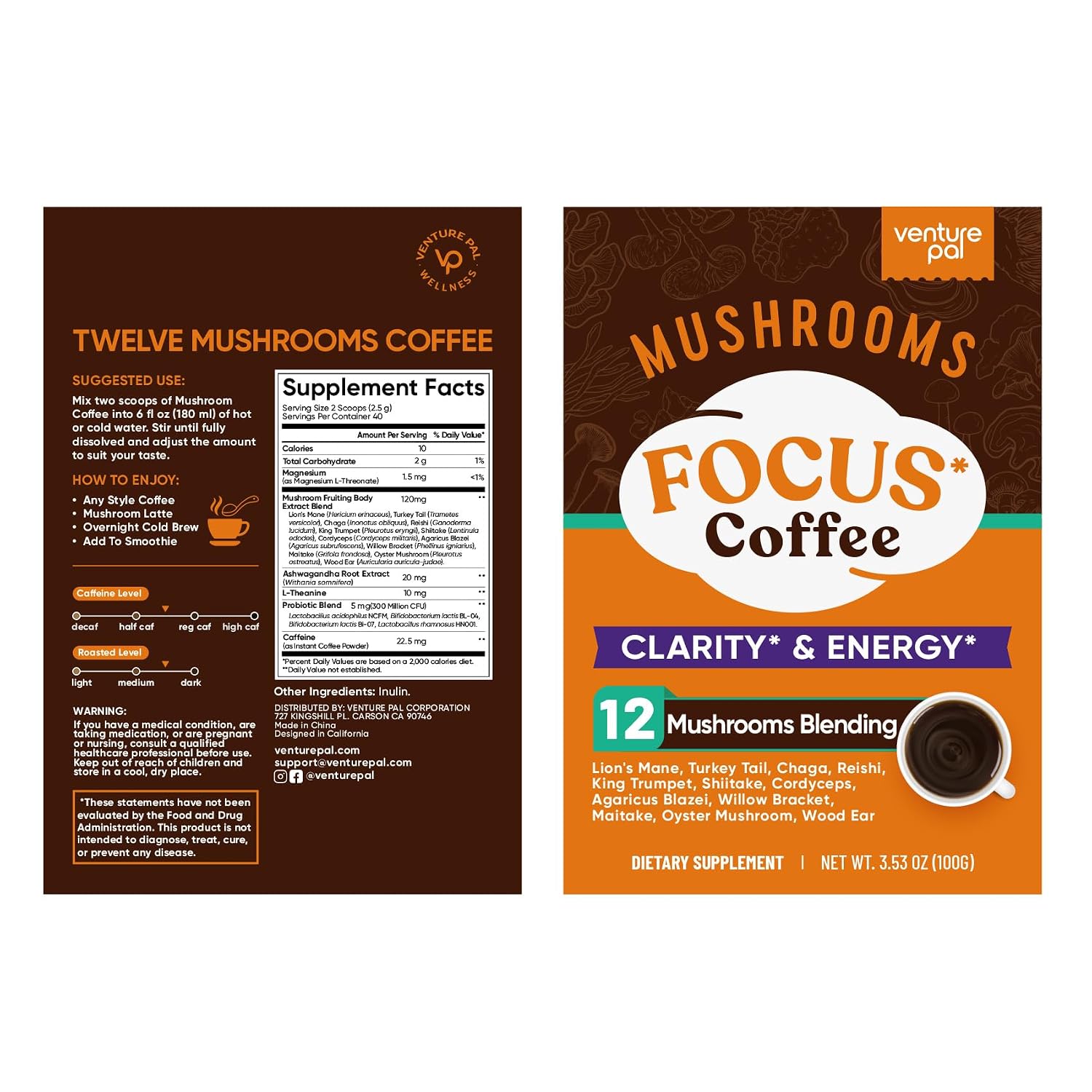 Venture Pal Mushroom Coffee, 12 Mushrooms, Focus & Digestion, 40 Servings | 12 Adaptogenic Mushrooms with Lion's Mane, Cordyceps, Reishi, Turkey Tail, Ashwagandha & Probiotics, Low Caffeine & Calories