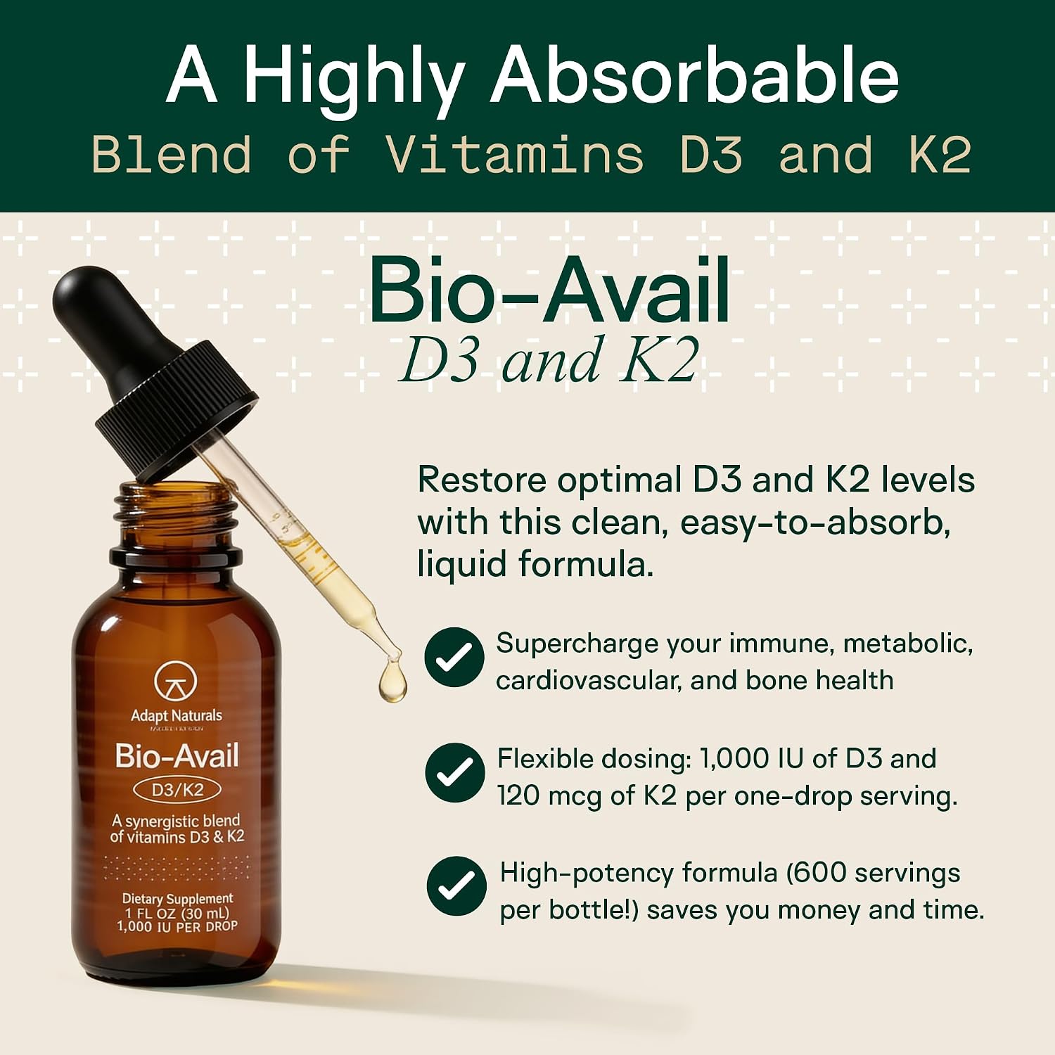 Adapt Naturals Vitamin D3 K2 1000 IU & MCT Oil Supplement (600 Servings) | Bioavailable Highly Absorbable Liquid Formula, Overcome Vitamin D Deficiency, Support Immune & Metabolic Health - 1 FL Oz