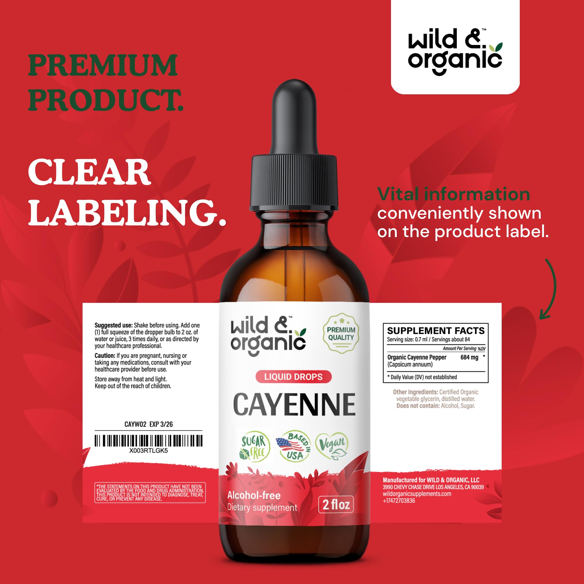 Wild & Organic Cayenne Pepper Drops - Antioxidant & Digestive Support - Capsaicin Supplements - Fast Absorbing Liquid Cayenne Pepper Extract Tincture - No Spicy Aftertaste, Alcohol-Free - 4 fl oz