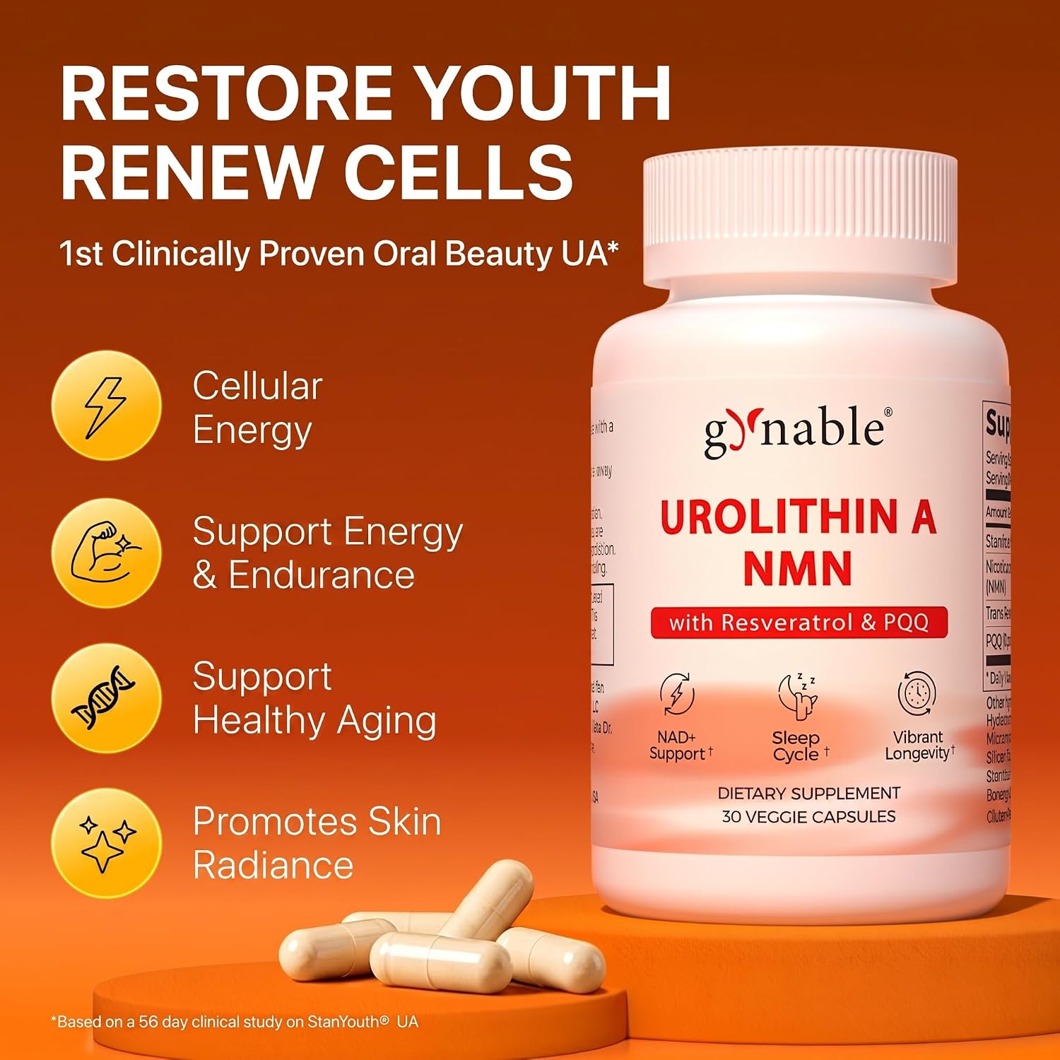 Gynable 4-in-1 Urolithin A Supplement with NMN, Trans-Resveratrol & PQQ-Advanced Cellular Energy & Muscle Strength Complex - Supports Longevity, Deep Sleep & Healthy Aging (30Count(Pack of 1))