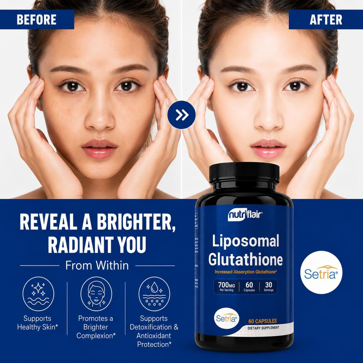 NutriFlair Liposomal Glutathione Supplement 700mg - Setria® Reduced L-Glutathione, 60 Capsules