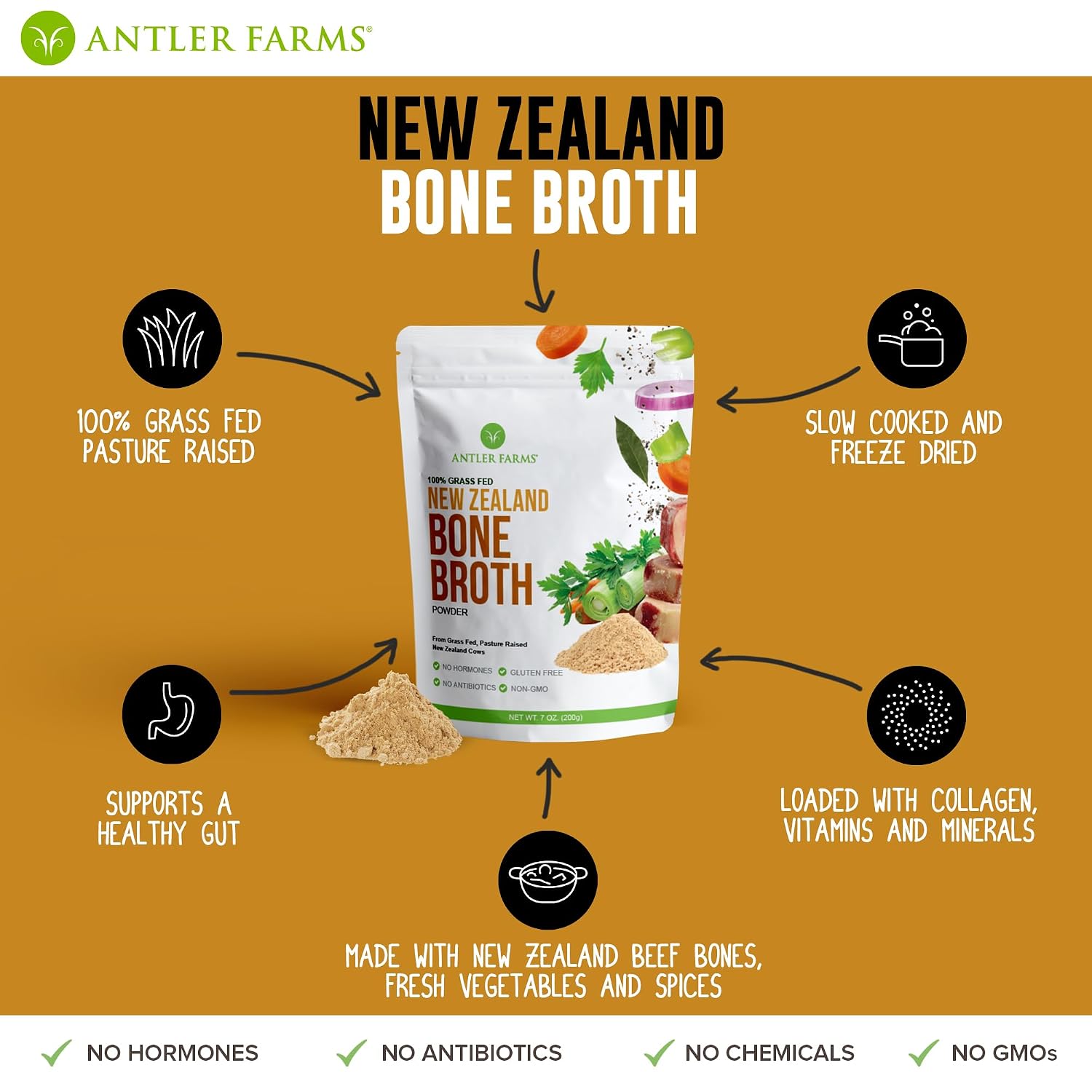 Antler Farms - 100% Grass Fed New Zealand Bone Broth Powder, 40 Servings, 200g - Slow Cooked, Gently Dried, Delicious Flavor, No Hormones, Antibiotics, & GMOs | 100% Pure Beef Bone Broth Powder for Humans, Slow Cooked, Gently Dried, Light Flavor, No Hormo
