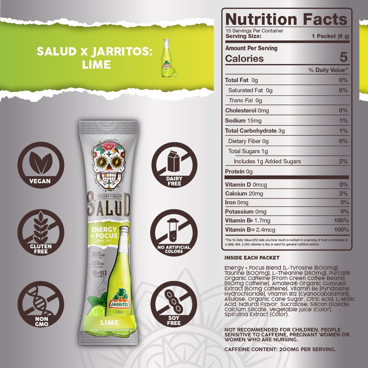 Salud 2-in-1 Energy + Focus Drink Mix, Hibiscus | Organic Caffeine, B6 + B12, Theanine, Clean Energy Packets, Agua Fresca Mix, Non-GMO, Gluten Free, 1g of Sugar (15 Servings)