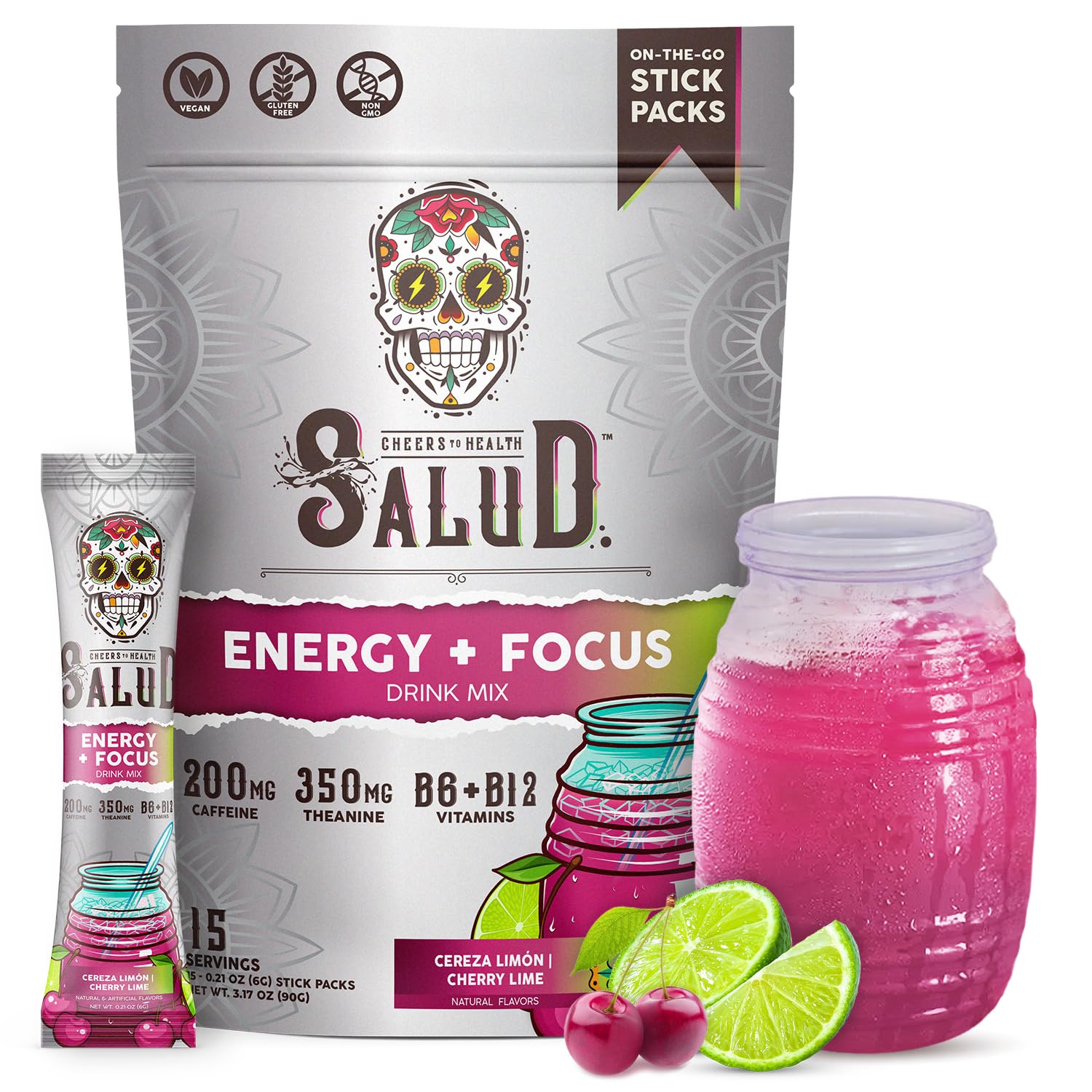 Salud 2-in-1 Energy + Focus Drink Mix, Hibiscus | Organic Caffeine, B6 + B12, Theanine, Clean Energy Packets, Agua Fresca Mix, Non-GMO, Gluten Free, 1g of Sugar (15 Servings)