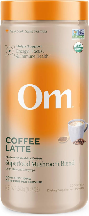OM MUSHROOM SUPERFOOD Coffee Latte Blend – Functional Mushroom Powder with Lion’s Mane & Cordyceps – Energy, Focus & Mental Clarity Support – 8.47 oz Canister (30 Servings)