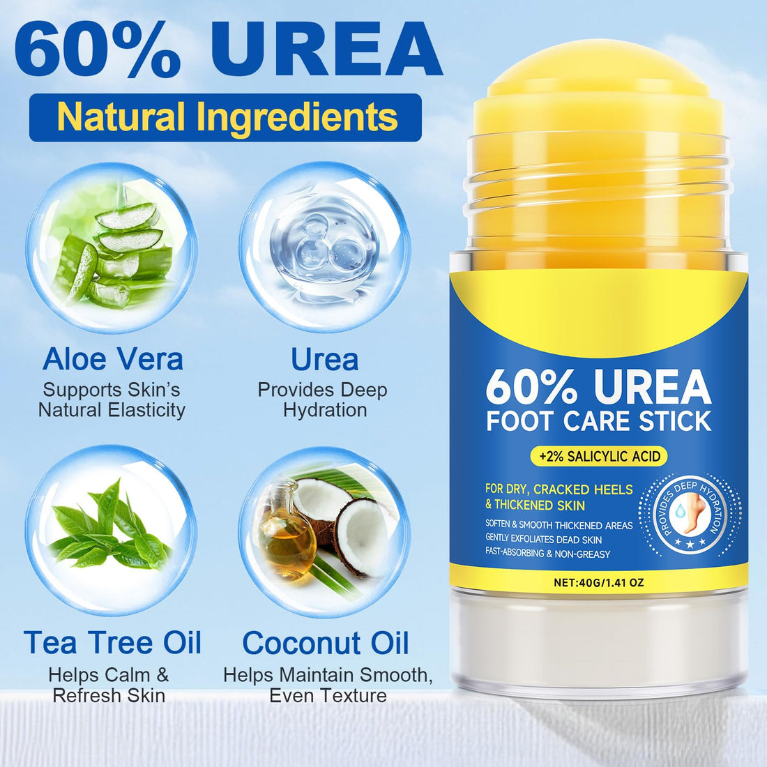 2Pack 60% Urea with 2% Salicylic Acid Urea Foot Care Stick, Foot Cream Moisturizer for Dry Cracked Feet, Knees, Elbows, Hands,Moisturizes and Hydrates the Dry Skin,Callus Remover & Skin Softener