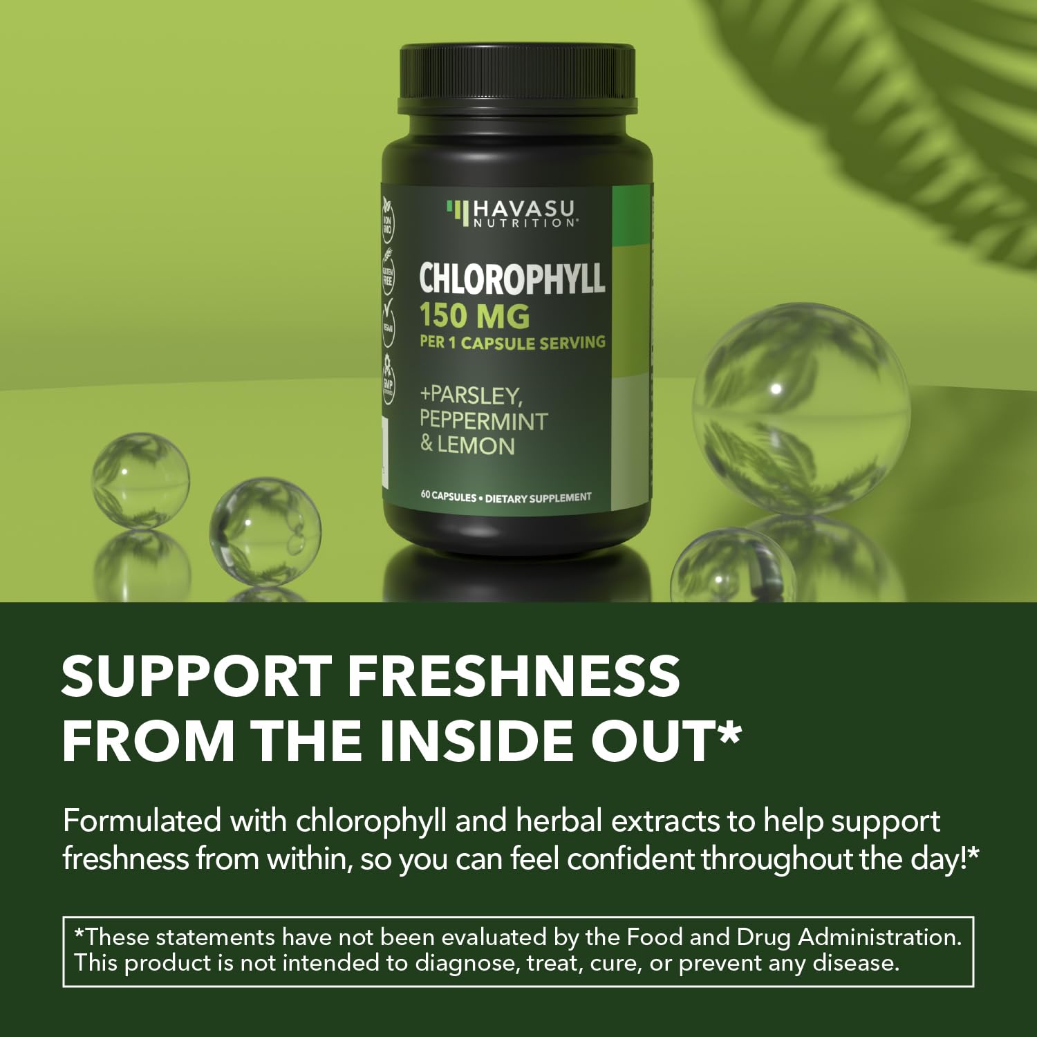 Chlorophyll Pills for Internal Cleanse & Balance, 30 Count, Internal Detox | Skin Health and Body Deodorizing Supplement with Parsley Peppermint & Lemon Extract, Vegan Non-GMO Chlorophyll Capsules