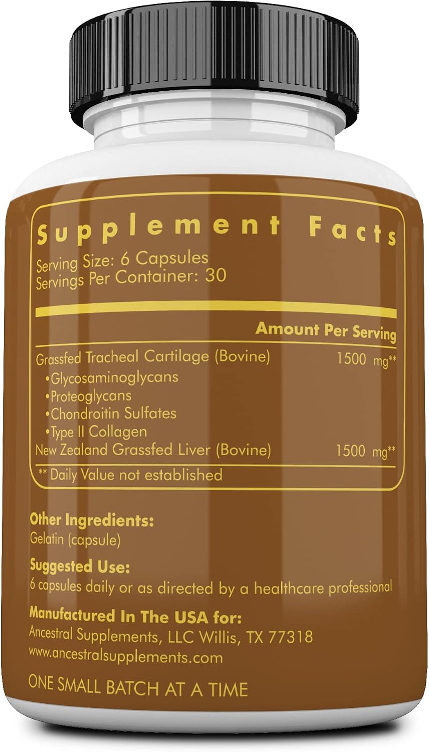Ancestral Supplements Grass Fed Beef Tracheal Cartilage with Liver, 180 Ct | Cartilage plus liver support supplement promotes immune health, joint support and the body's natural healing.
