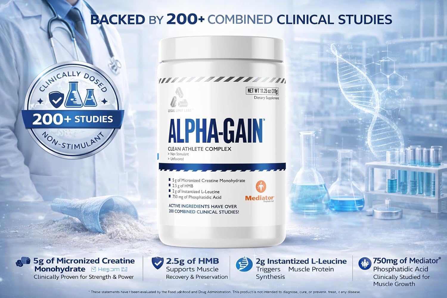 Legal Limit Labs Alpha Gain- Clean Athlete Complex- creatine, HMB, L-Leucine, and Phosphatidic Acid - Lean Muscle 30 Servings