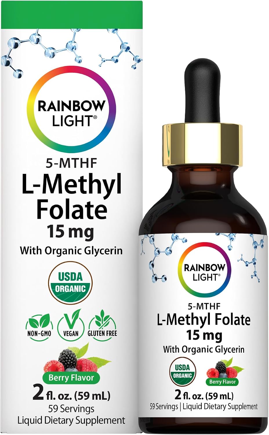 Rainbow Light L Methyl Folate 15 mg | 2 fl oz | with Organic Glycerin | Berry Flavor | USDA Organic | Liquid Supplement