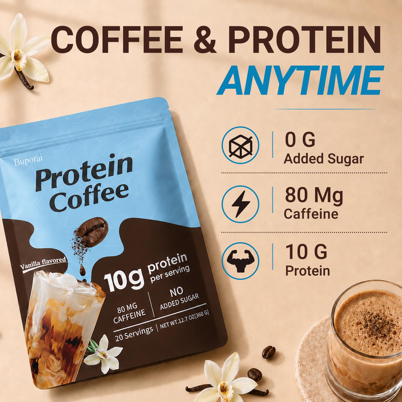 Caramel Protein Coffee Powder - Instant Iced Coffee, Sugar Free, Keto Friendly, 10 g Protein, 80 mg Caffeine Per Serving - 20 Servings
